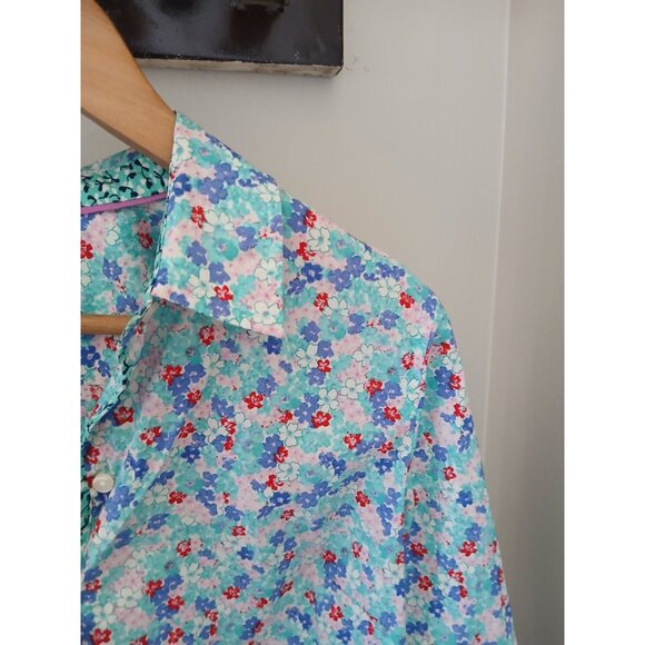 Talbots 100% Cotton Button Front Shirt Size Medium Teal Lovely Ditsy Floral Work - Picture 4 of 11